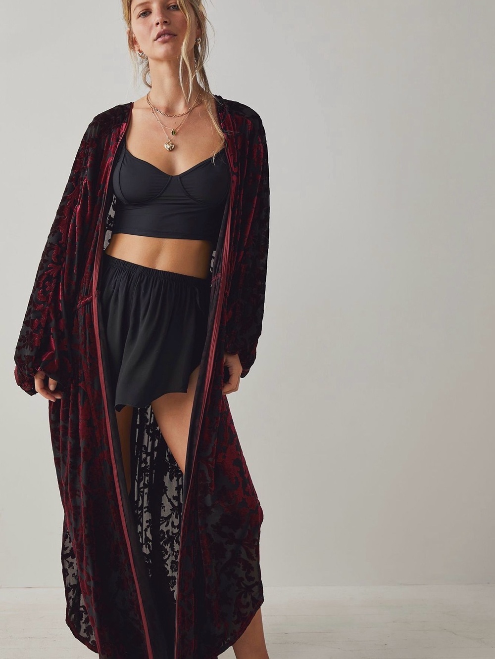 Free People Velvet Burnout Duster Robe - Burgundy & Black